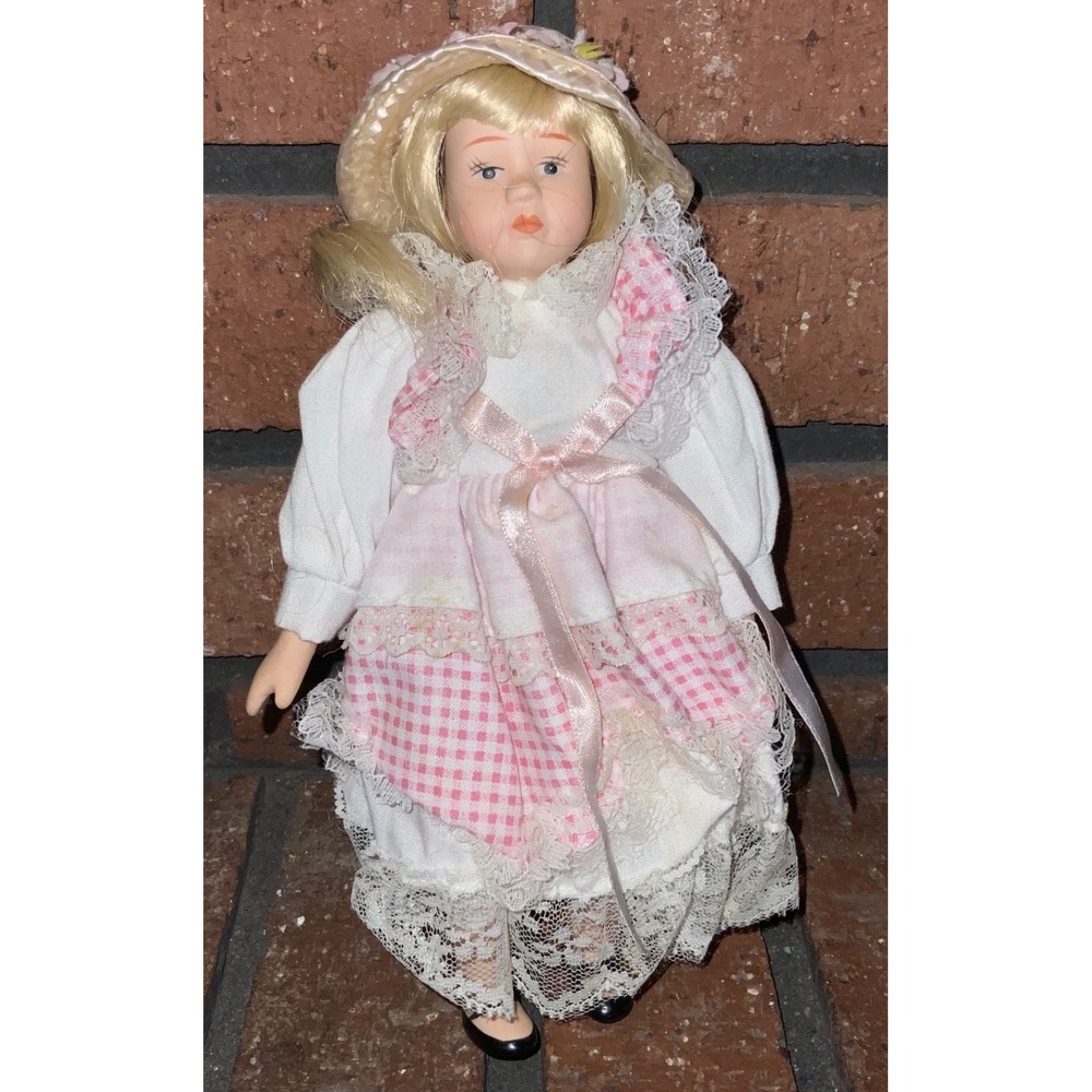 Vintage Porcelain 8" Doll Pink Gingham Lace‎ Dress Straw Bonnet Blonde Blue Eyes